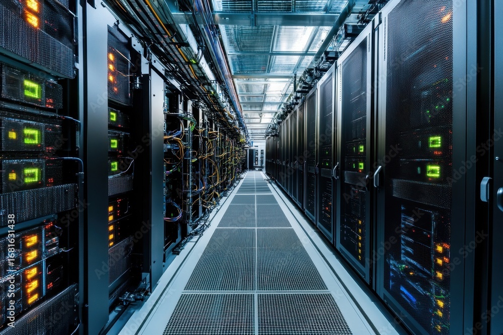 Aufkleber data center with rows of servers illuminated by colorful lights at night