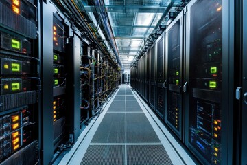 Data center with rows of servers illuminated by colorful lights at night
