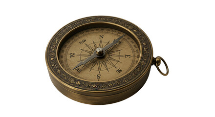Vintage brass compass showing direction and navigation for travel, adventure, and exploration with an antique design isolated PNG on transparent white background