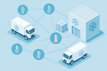 Refrigerated trucks and cold storage warehouse with temperature icons, flat style on blue background, concept of cold chain logistics and control