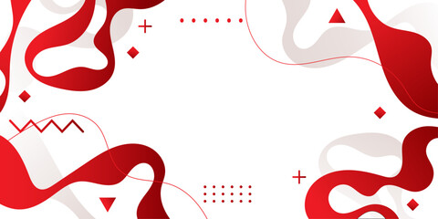 Red and white background with modern fluid gradient shapes.
