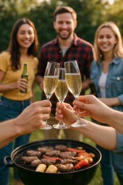 Hand holding glass of champagne, people cheering, friends, party nightclub, wedding, cheering, family, sparkling wine, luxury, 4K, vertical video, social media, 9:16, insta story