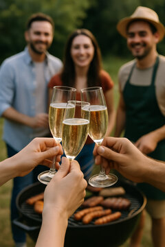 Hand holding glass of champagne, people cheering, friends, party nightclub, wedding, cheering, family, sparkling wine, luxury, 4K, vertical video, social media, 9:16, insta story