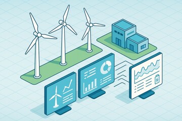 Wind turbines and industrial buildings linked to monitors displaying energy data, isometric style, on a grid background, concept of smart energy