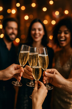 Hand holding glass of champagne, people cheering, friends, party nightclub, wedding, cheering, family, sparkling wine, luxury, social media, insta story, 9:16, 4K