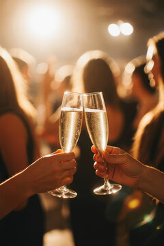 Hand holding glass of champagne, people cheering, friends, party nightclub, wedding, cheering, family, sparkling wine, luxury, social media, insta story, 9:16, 4K