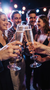 Hand holding glass of champagne, people cheering, friends, party nightclub, wedding, cheering, family, sparkling wine, luxury, social media, insta story, 9:16, 4K
