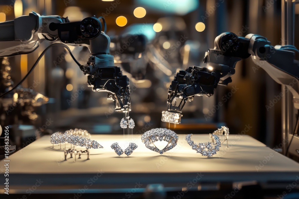 Poster robotic hands assembling intricate jewelry in a modern workshop setting