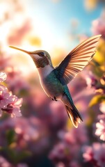 Naklejka premium A hummingbird hovers in the air, its vibrant feathers bathed in soft sunlight