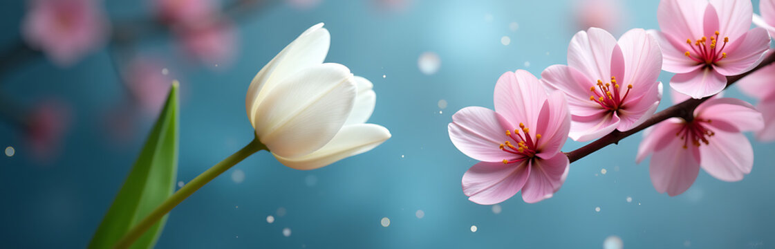 delicate white tulip petals intertwine vibrant pink cherry blossoms blurred studio background splattered expressive blue