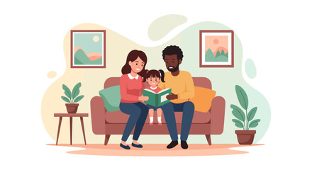 Diverse family reads a book together on a sofa in a cozy home. Represents family bonding, childhood education, and quality time. Ideal for lifestyle, parenting, and learning concepts.