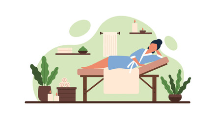 Woman relaxing on a massage table in a tranquil spa setting with plants and candles, embodying wellness, self-care, and relaxation.