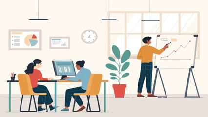 Business team collaborating in a modern office, analyzing data and presenting strategies for growth. Ideal for themes of teamwork, finance, and professional development.