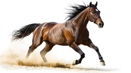 A brown horse galloping through a sandy field with a white background.