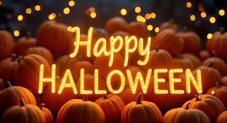"Happy Halloween" text on pumpkins background.Celebrating halloween.4k video.   - Powered by Adobe
