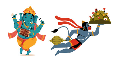 Ganesha and Hanuman colorful Hindu deities illustration