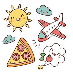 Cute Cartoon Doodles - Sun, Rainbow, Clouds, Watermelon & Rocket Illustration