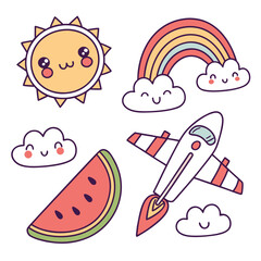 Cute Cartoon Doodles - Sun, Rainbow, Clouds, Watermelon & Rocket Illustration