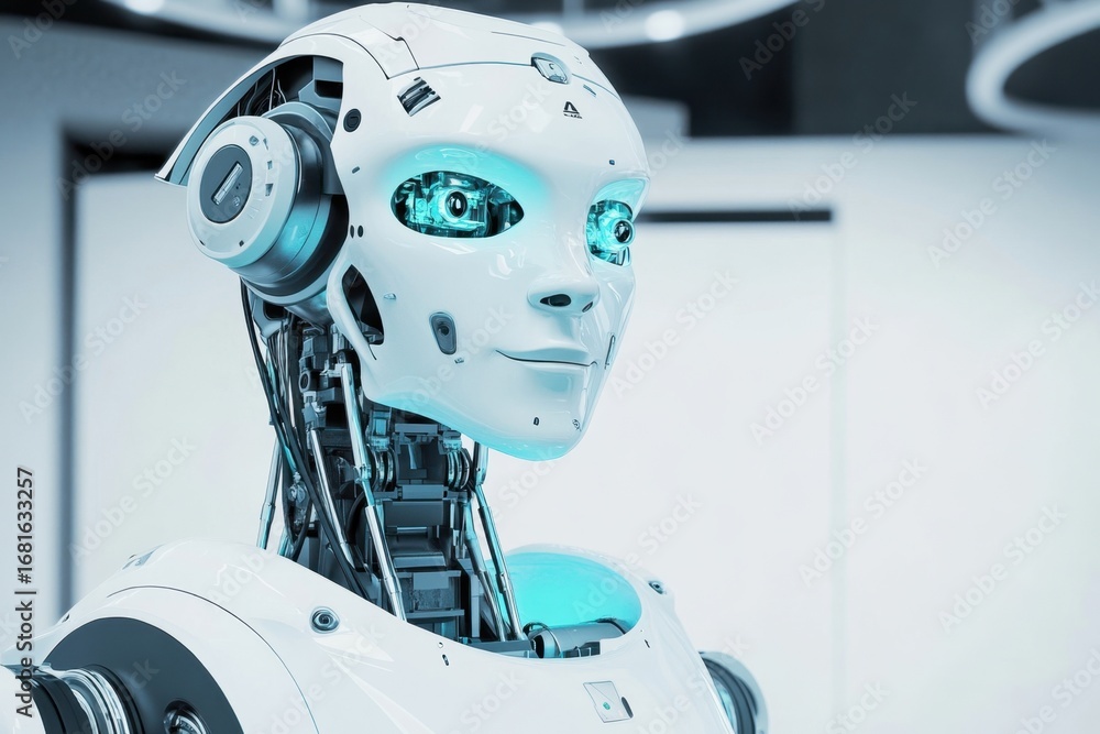 Poster futuristic humanoid robot with glowing features in a modern tech environment