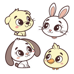 Cute Baby Animals Cartoon Set | Adorable Puppy, Bunny, Dog & Chick Illustration