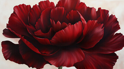Close up view of a large dark red flower with many visible petals