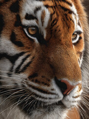 Close up of tiger face with orange and black stripes, detailed fur texture, intense gaze, and natural light creating powerful and majestic mood