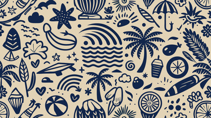 Tropical beach vacation doodles with palm trees and ocean waves summer