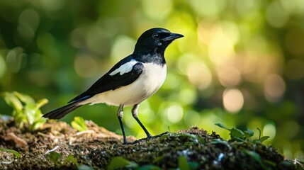 Obraz premium A black and white bird perched on a green leafy branch with a blurred green background.