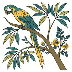 Colorful Parrot Sitting on Tree Branch Illustration