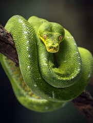 Fototapeta premium Green tree python coiled on branch vibrant scales detailed texture tropical rainforest reptile intense gaze natural habitat exotic wildlife close up calm mood
