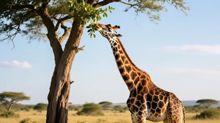 Giraffe reaching for leaves in savanna