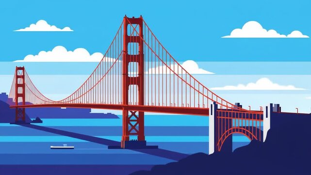 Iconic bridge spans blue waters beneath a bright sky with white clouds