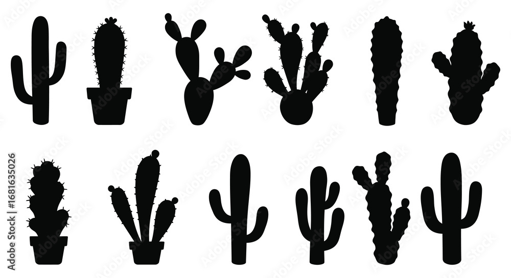 Poster various cactus silhouettes arranged neatly in rows