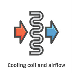 Airflow passing through cooling coil panel vector color icon. Cooling process inside indoor air conditioning unit. Function of heat exchange and air circulation in HVAC systems.