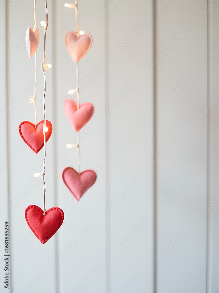 Poster delicate array felt hearts dangle twinkling string lights suspended pristine white wooden background