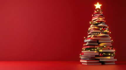Creative Christmas tree made of stacked books decorated with lights and star topper