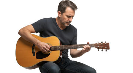 Obraz premium Man playing acoustic guitar with focus, creating a soulful melody, perfect for music-related projects, songwriting, and creative contentisolated PNG on transparent white background