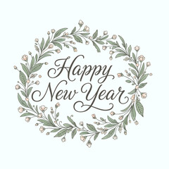 Elegant Happy New Year calligraphy quote with hand-drawn botanical floral wreath