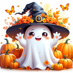 Cute Halloween ghost in witch hat near pumpkins