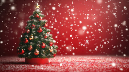 Christmas tree decorated with ornaments in a winter wonderland setting