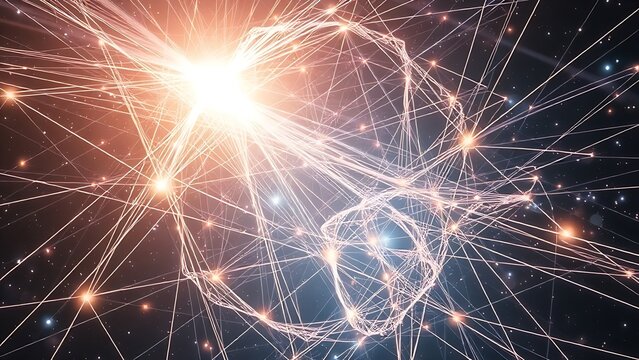 Cosmic strings of light weaving through multidimensional space, forming perfect geometric entanglement patterns.