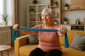 Senior woman exercising with resistance band at home, smiling.