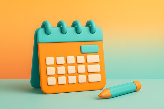 Desk calendar with detachable pages and matching pencil, playful 3D minimal render with soft studio lighting on teal‑to‑amber gradient background, ideal for scheduling reminders and event planning