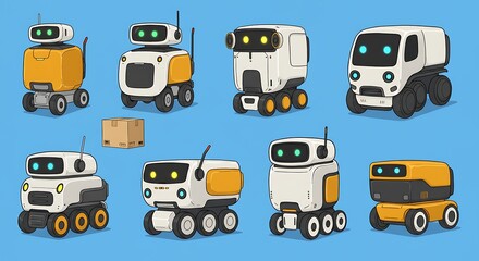 Autonomous Delivery Robots Collection on Blue Background.