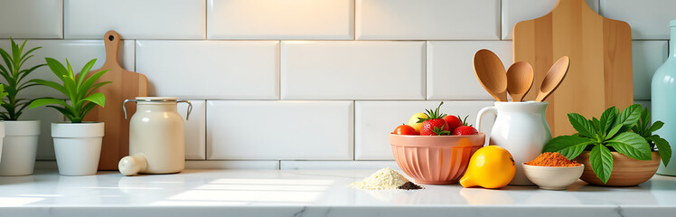 kitchen scene features colorful array utensils spices artfully arranged gleaming white marble surface soft