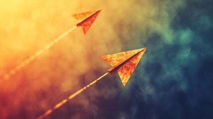 Three arrows, two pointing left and one pointing right, against a colorful, blurred background with a warm, orange-yellow hue and a blue-green gradient.