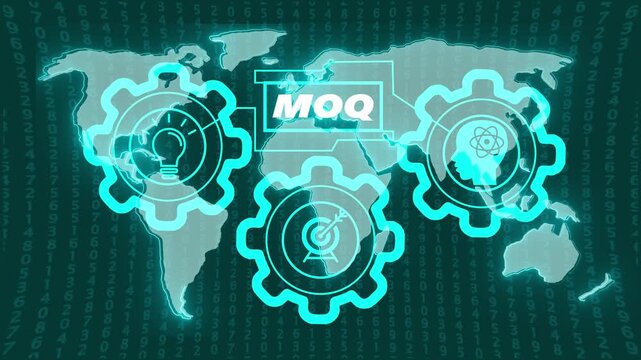 Global Business Operations Concept with Digital World Map and Interconnected Gears M O Q Text Overlay and Binary Code Background