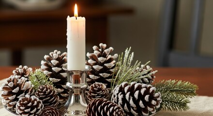 Festive Candle Arrangement with Pine Cones and Evergreen Branches