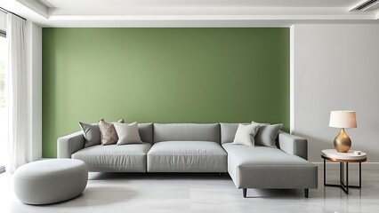 Modern living room with grey sofa and green accent wall, featuring elegant marble decor.