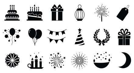 celebration icons featuring cakes balloons gifts fireworks and party hats